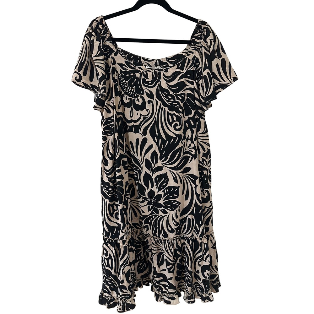 Robbie Bee Women XXXL Black Tan Tropical Floral Ruffle Hem Shift Dress‎ Vacay